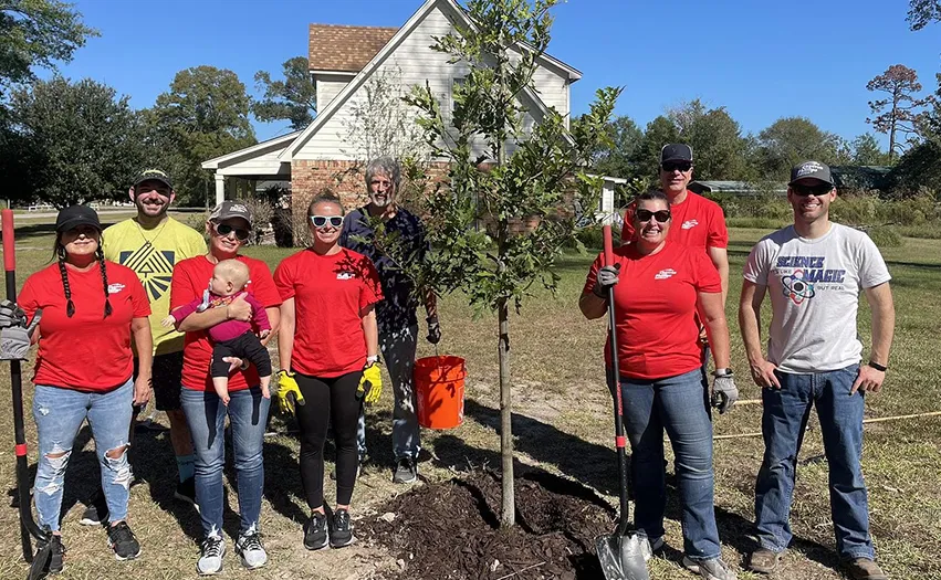 A group of 8 employees planting a tree (Photo)