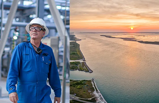 A collage of two picutres. One shows a male employee in working clothes, helmet and protective glasses. The other one shows a photo of a coast at sunset