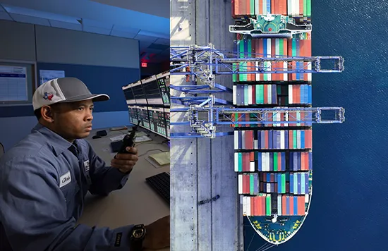 A collage of two pictures. One shows an employee in a communication center with a walkie-talkie. The other one shows the top view of a container ship in a loading area