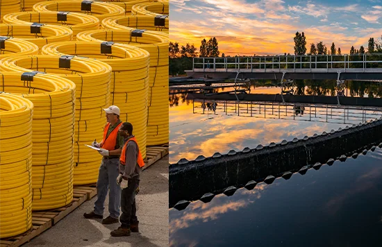 A collage of two pictures. One shows an employee in front of a machine. The other one showing a construction in the water at sunset