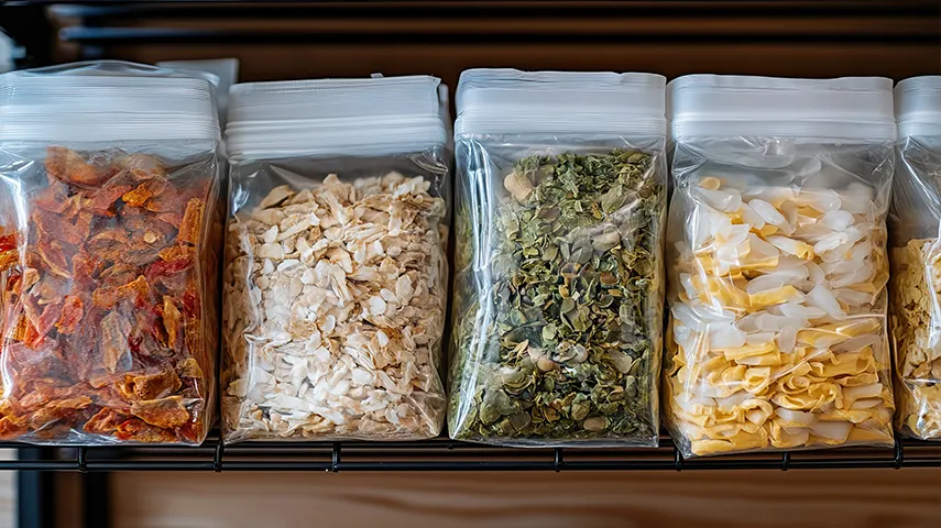 The image you've provided shows a selection of foods packaged neatly, presumably for distribution or retail sale. There are five clear plastic bags containing different types of food.