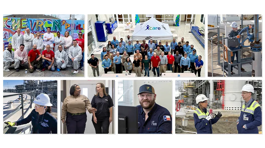 A collage showing lots of individuals from different settings. From industrial impressions to people at awards and team building activities.