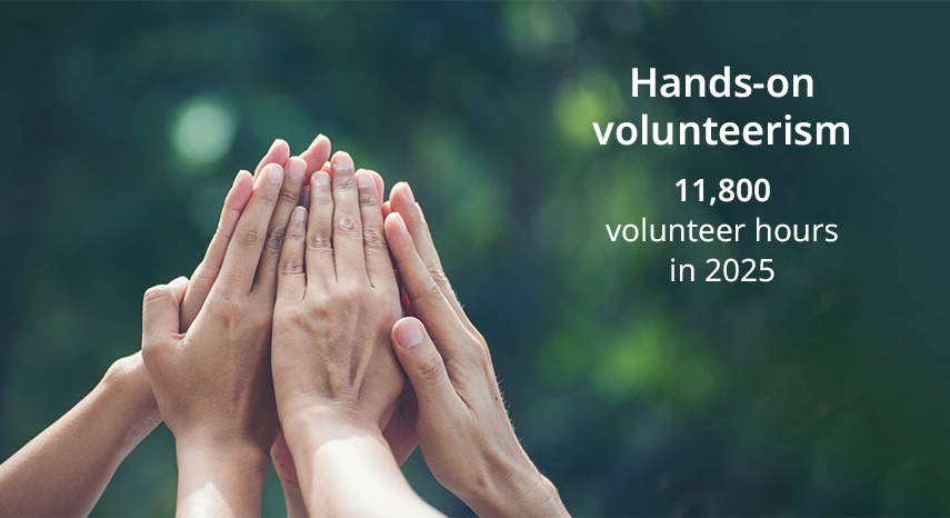 Multiple people holding their hands together to represent team spirit. The photo includes some text "Hands-on volunteerism. 11,801 volunteer hours in 2025" (Photo)